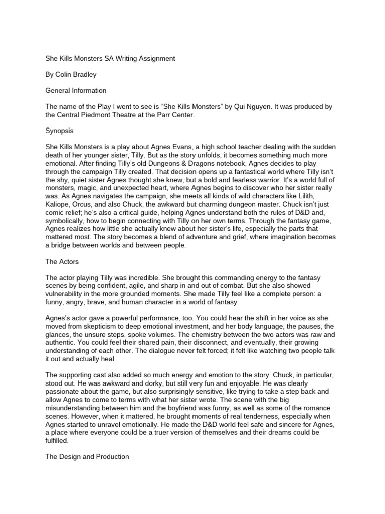 She Kills Monsters SA Writing Assignment | PDF