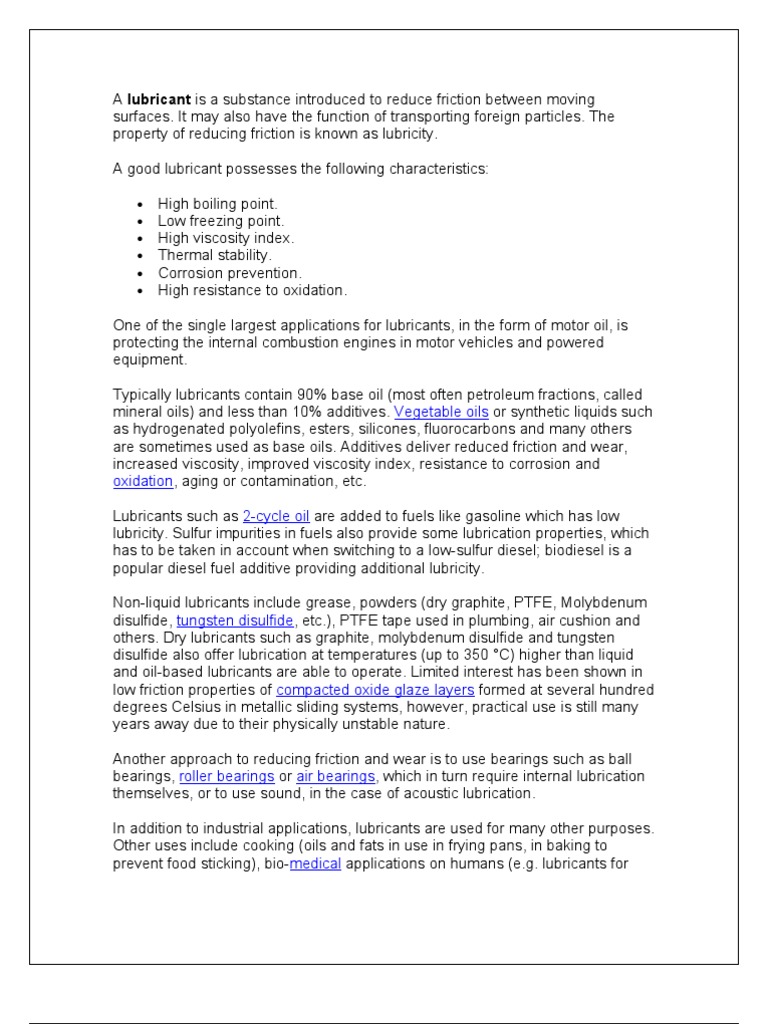 A Lubricant Is A Substance Introduced To Reduce Friction Between Moving Surfaces PDF