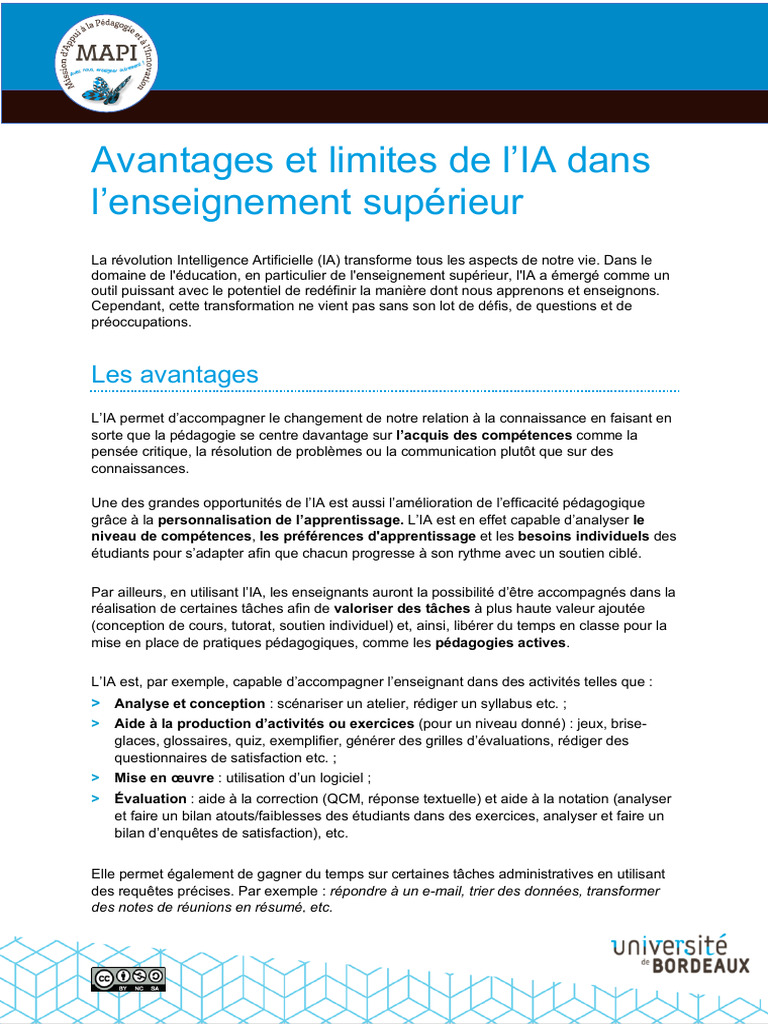IA dans l'enseignement supérieur : avantages et limites | PDF ...
