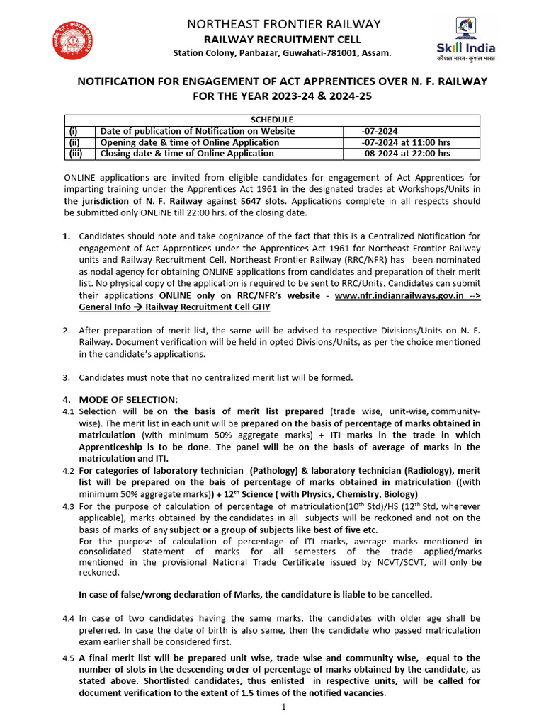 NFR Railway Act Apprenticeship 2023-25 | PDF | Machinist | Mechanical ...