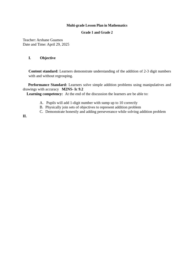 Multi-Grade Math Lesson Plan: Grades 1-2 | PDF