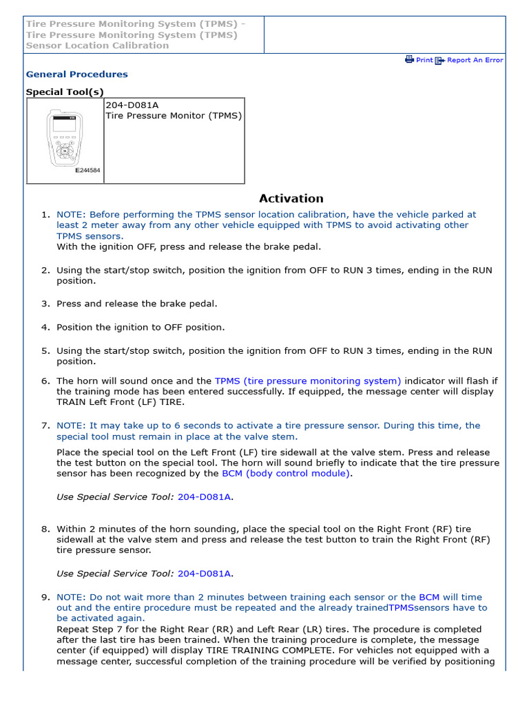 TPMS Sensor Activation Procedure | PDF | Vehicle Technology ...