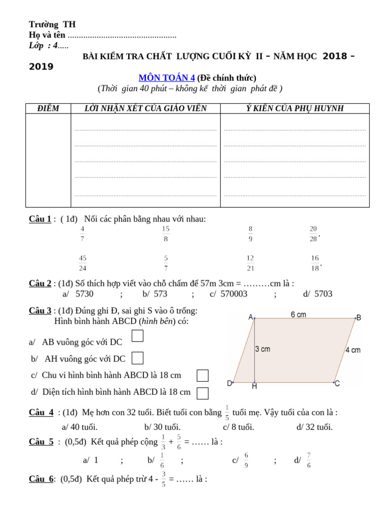 De Thi Hoc Ki 2 Mon Toan Lop 4 Nam 2019 | PDF
