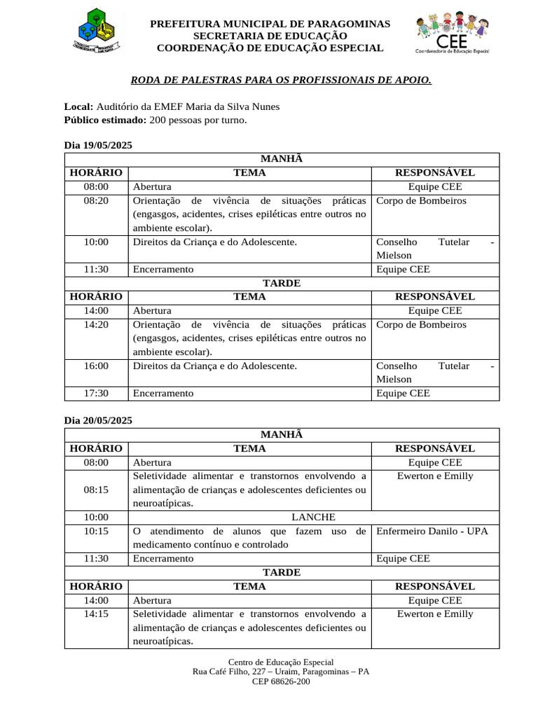 Roda de Palestras para Profissionais AEE | PDF | Educação Especial