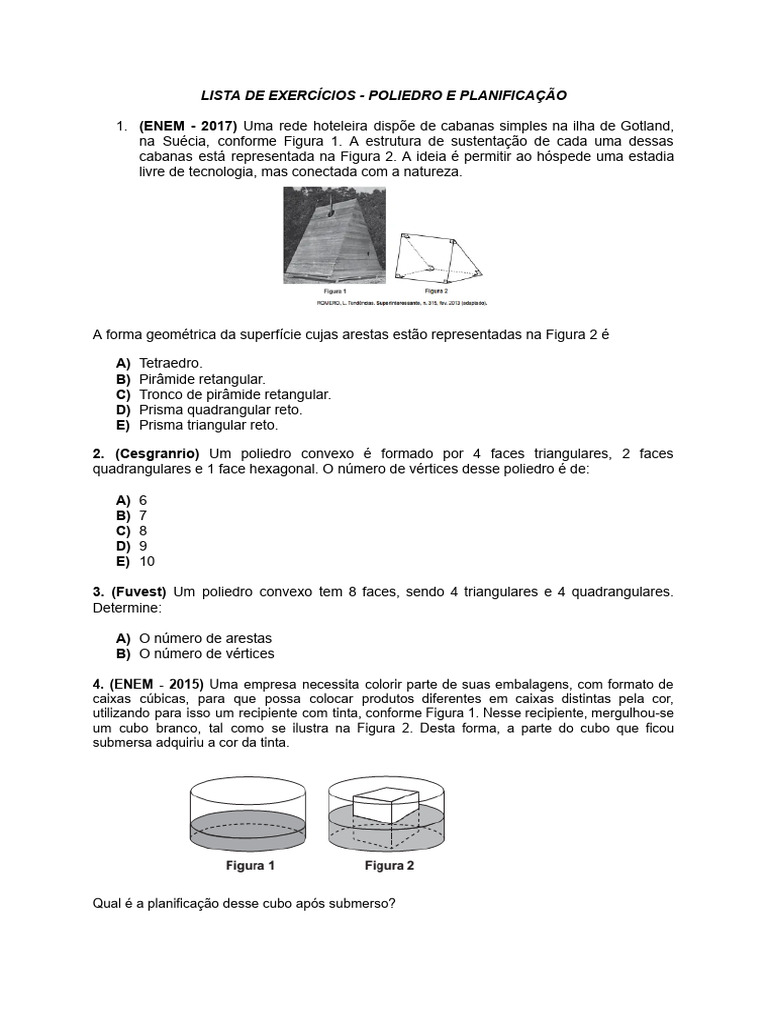 Exercícios sobre Poliedros e Planificação | PDF | Vértice (Geometria ...