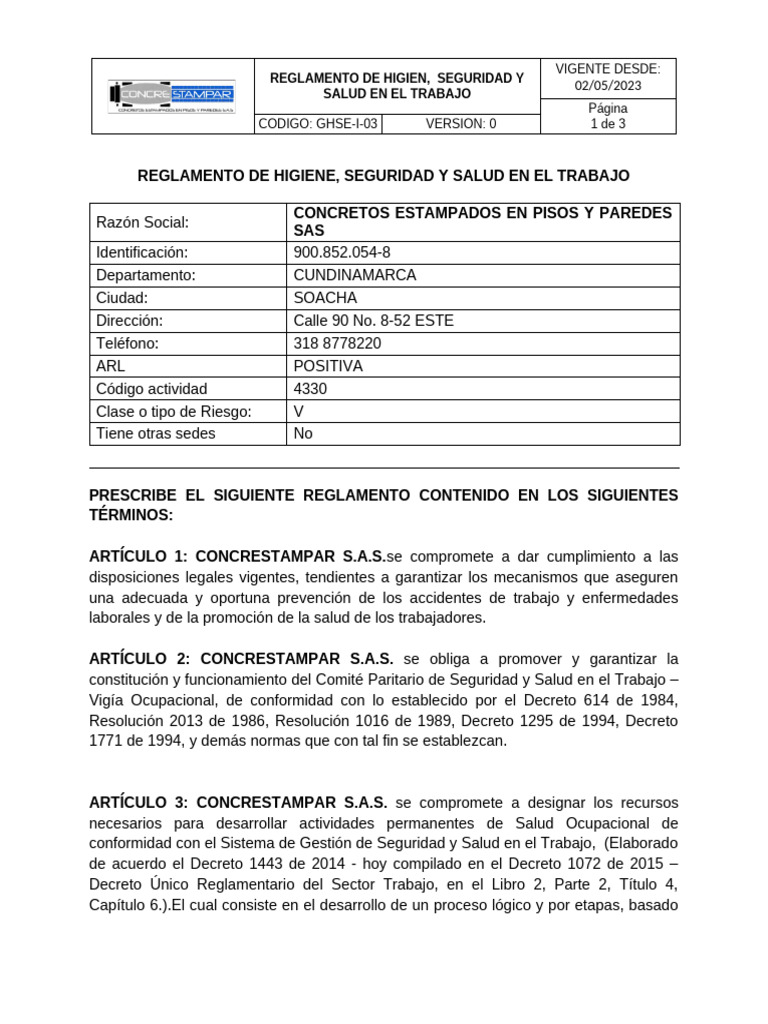 Reglamento de Higiene y Seguridad Laboral | PDF | Seguridad y salud ...