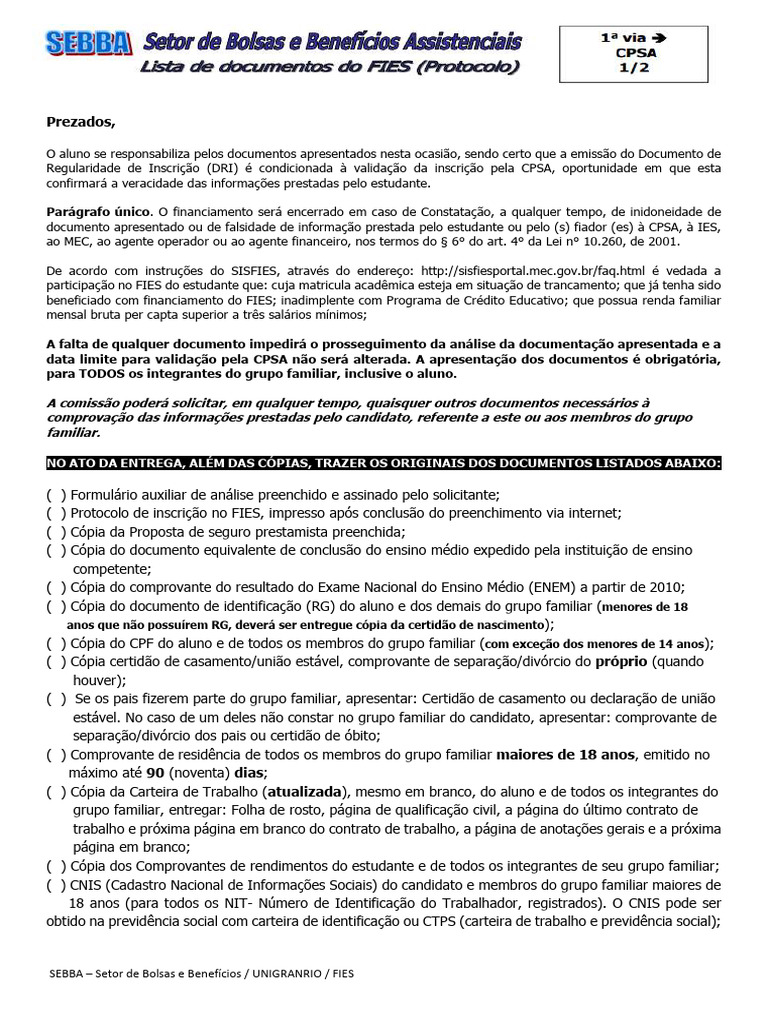 Documentação Necessária para FIES | PDF