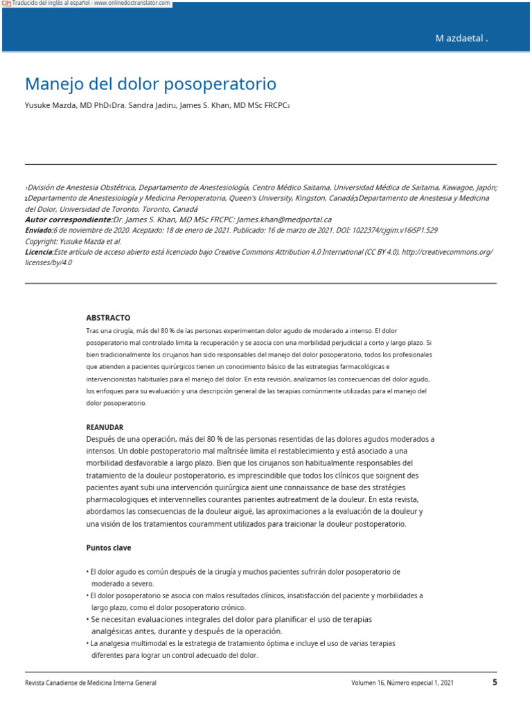 Postoperative - Pain - Management (1) .En - Es | PDF | Dolor | Analgésico