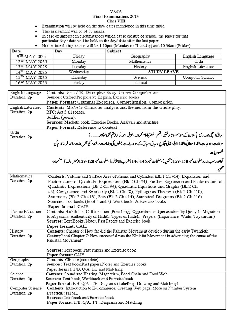 Class 8 Final Exam Schedule 2025 | PDF