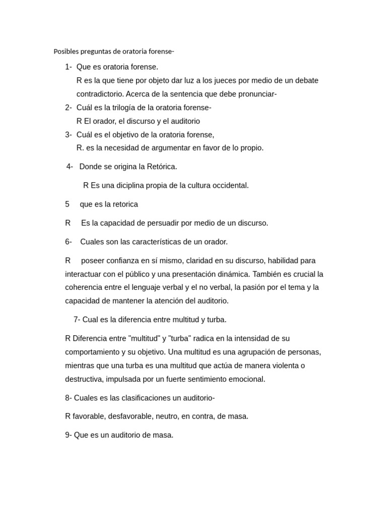 Posibloes Preguntas de Oratoria Forense | PDF | Hablar en público ...