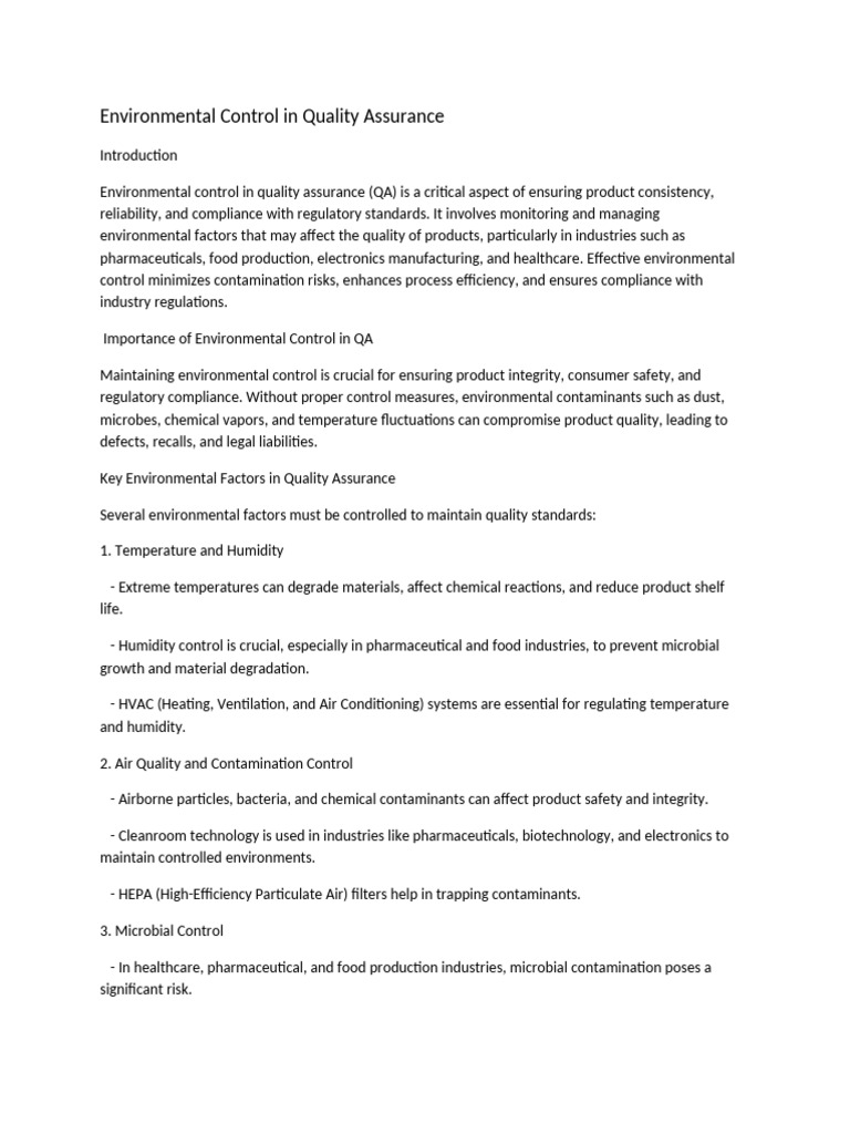 Environmental Control in Quality Assurance | PDF | Sterilization ...