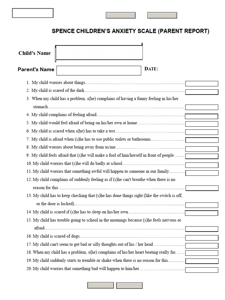 Spence Child Anxiety Scale (Parent) | PDF | Agoraphobia | Behavioural ...