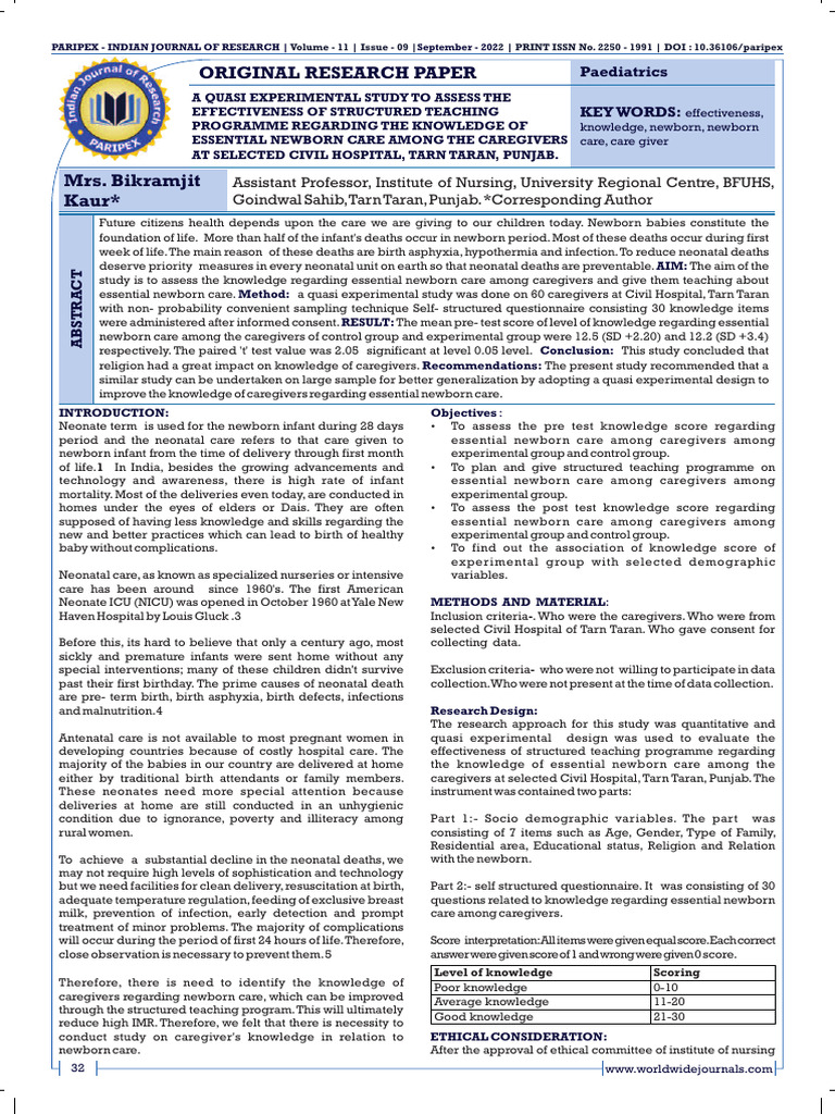 A Quasi Experimental Study To Assess The | PDF | Infants | Neonatal ...
