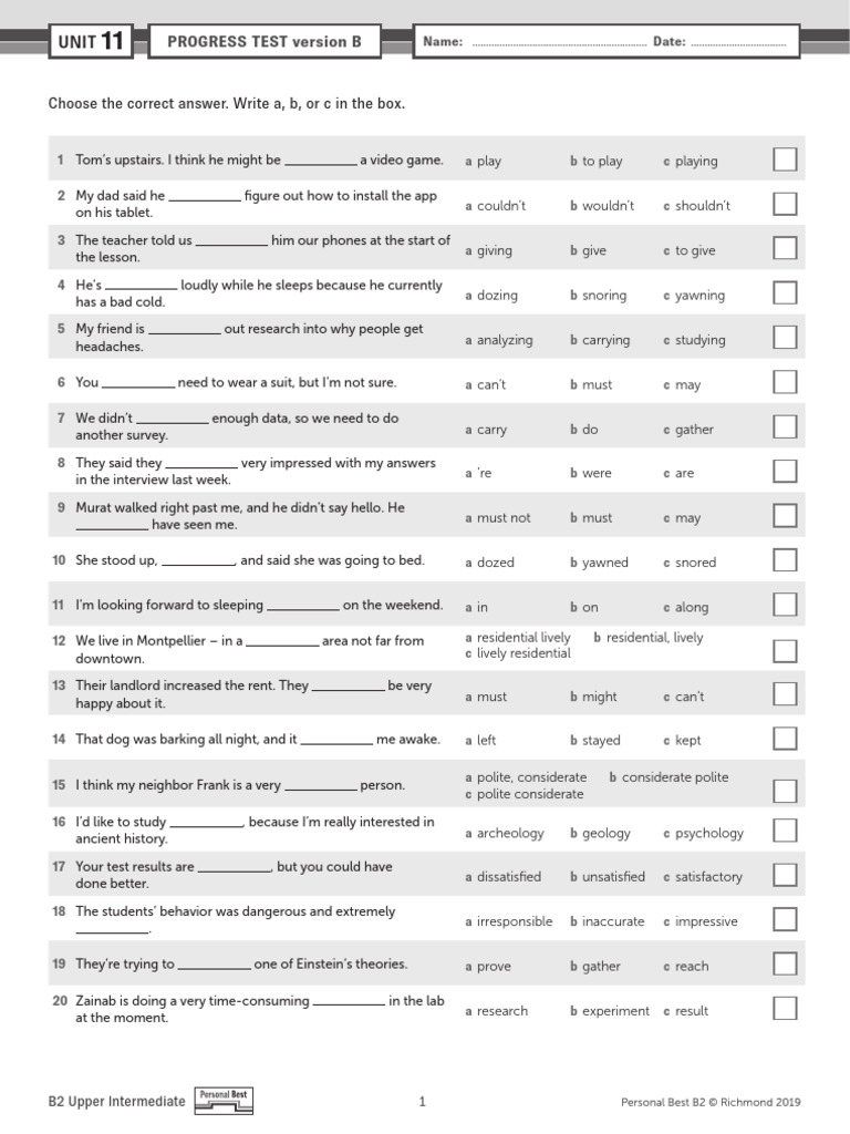 B2 English Progress Test Answers | PDF | Psychology
