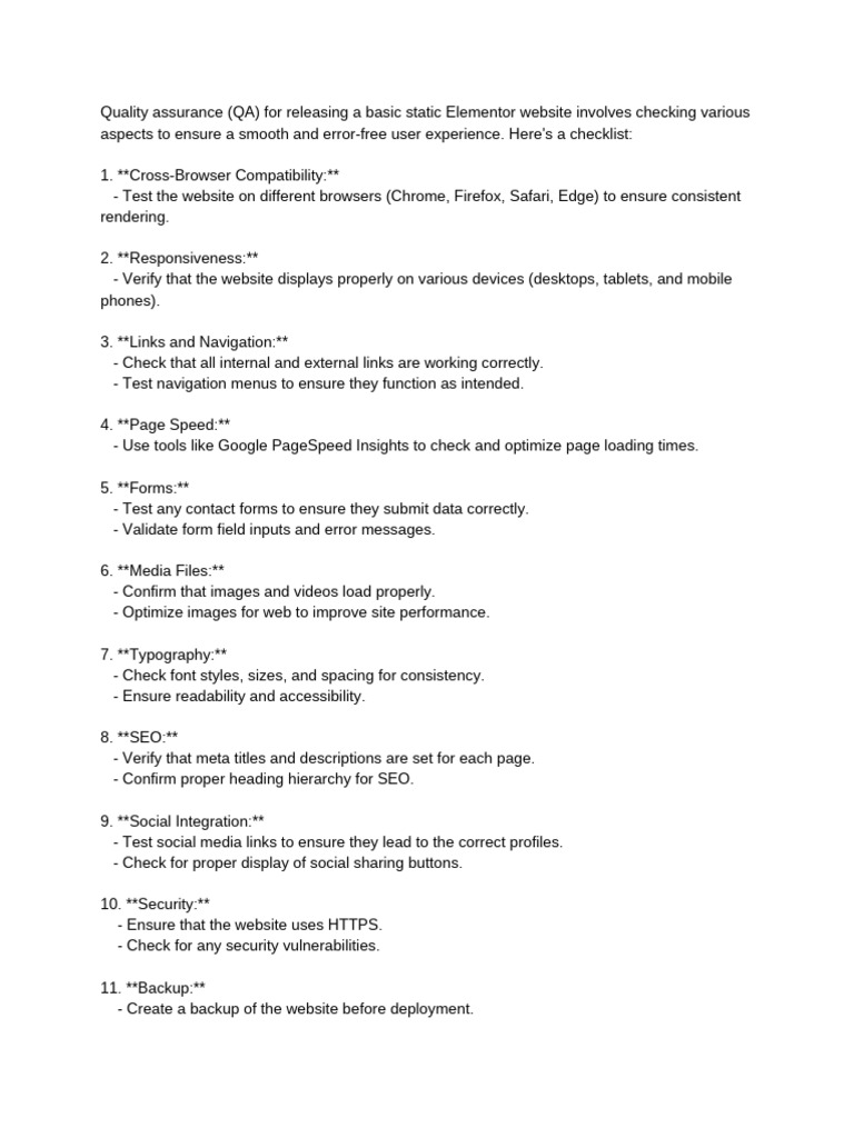 QA Checklist for Static Elementor Websites | PDF