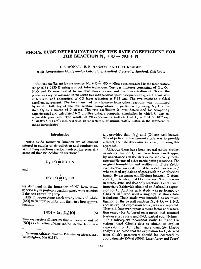Shock Tube Determination of The Rate Coefficient For | PDF | Infrared ...
