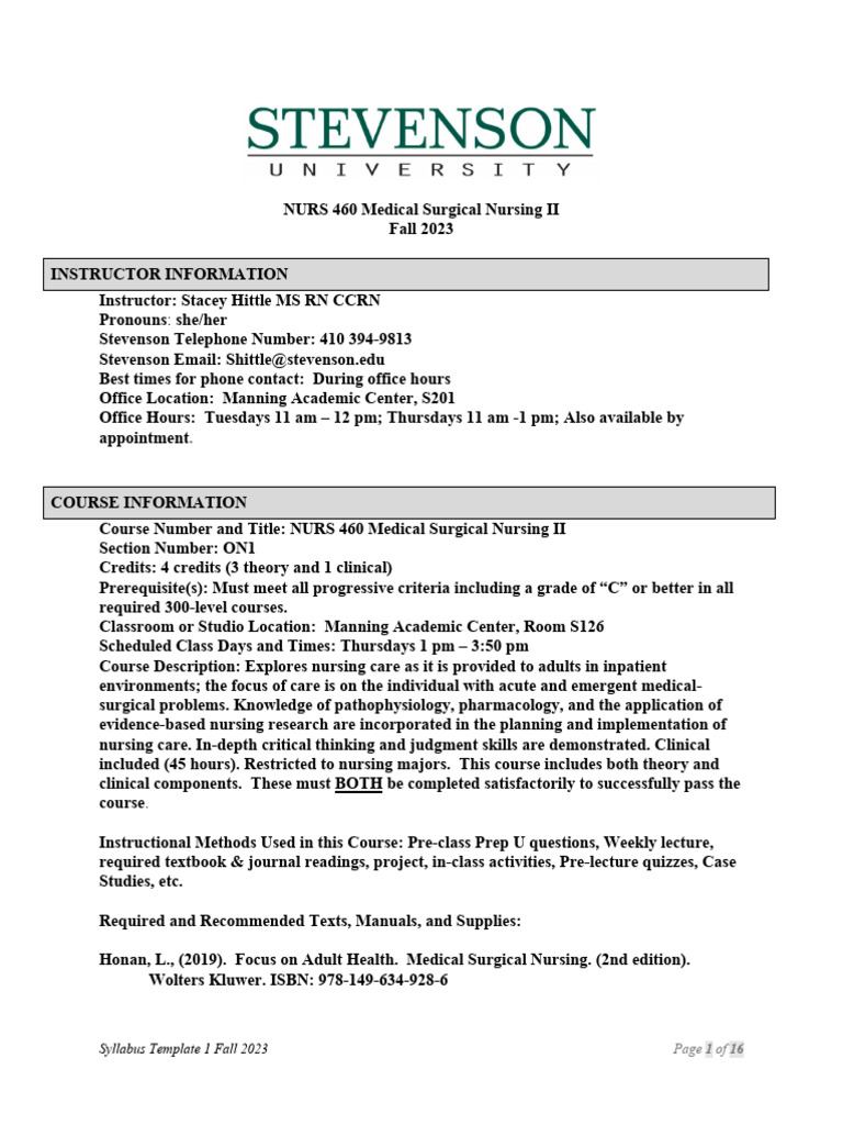 Fall 2023 Syllabus N460 ON1 | PDF | Nursing | National Council ...