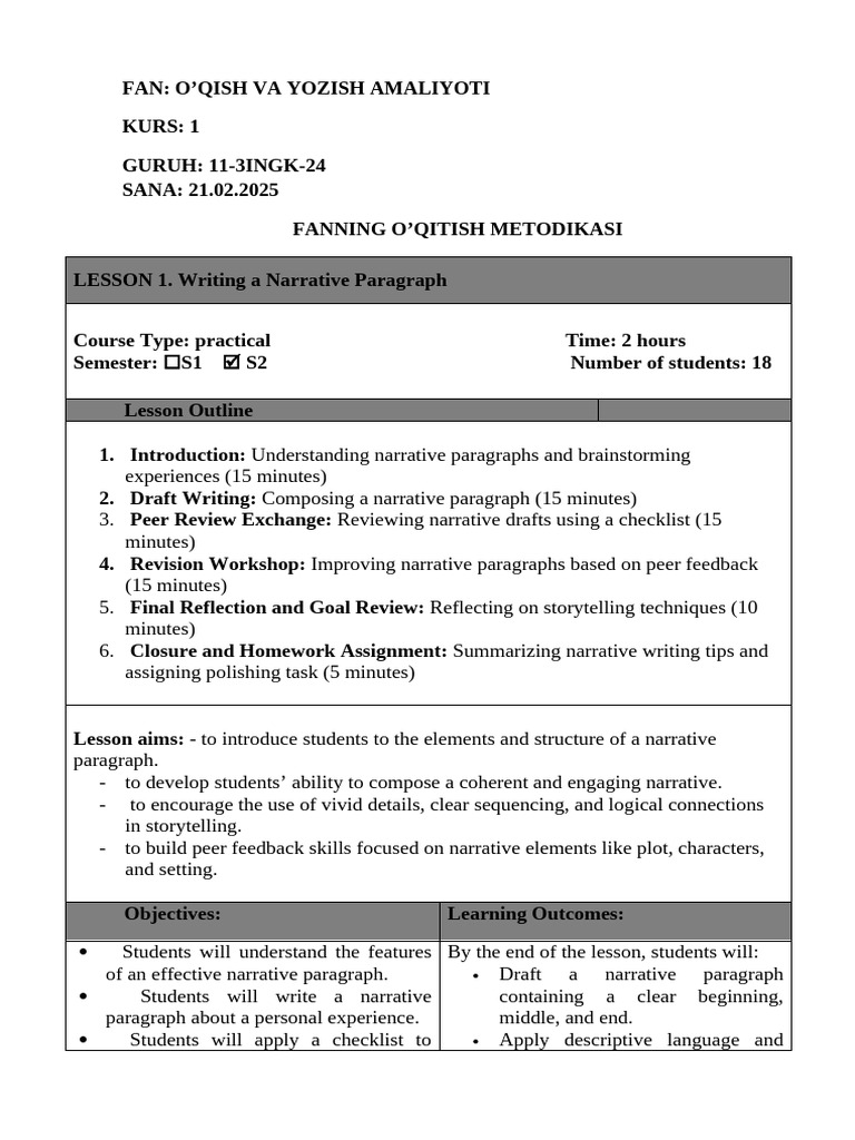 Narrative Paragraph Writing Lesson Plan | PDF | Narrative | Storytelling