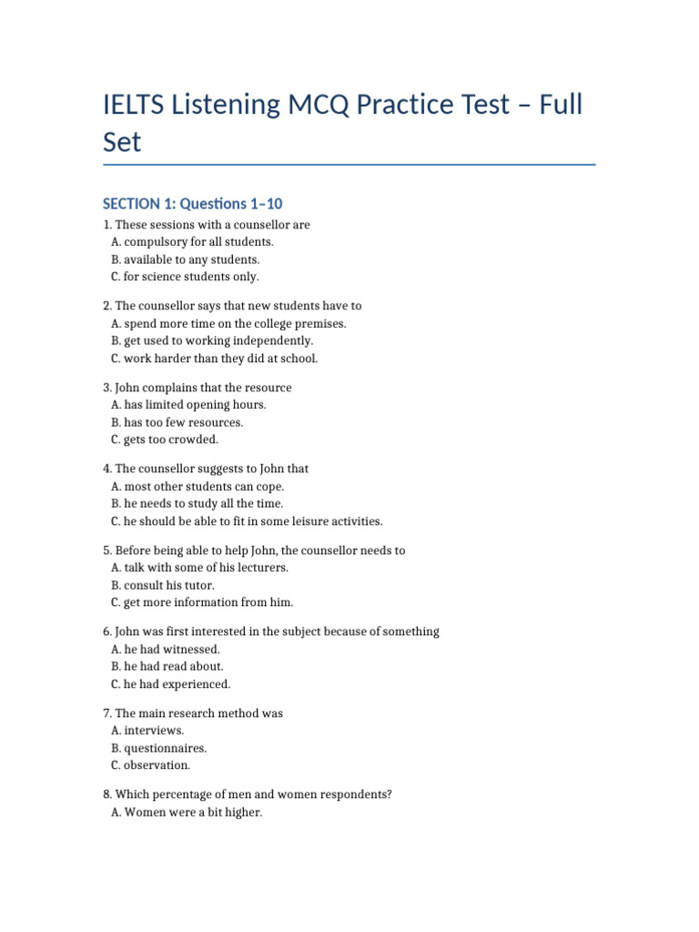 IELTS Listening MCQ Practice Full Set | PDF | Travel Visa