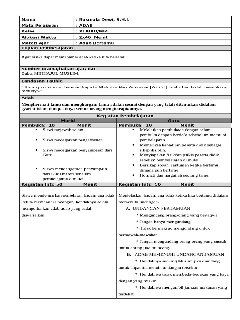 LESSON PLAN ADAB KLS MIA-IBBU IV | PDF