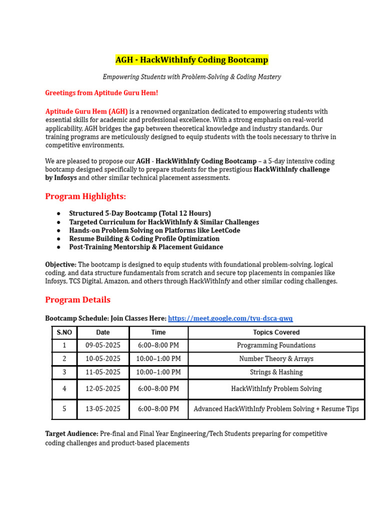 AGH - HackWithInfy Coding Bootcamp | PDF | Computer Programming | Computing