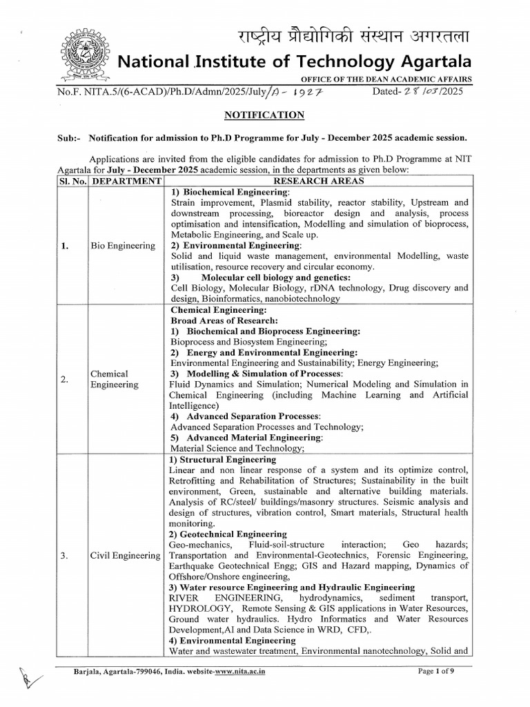 NIT Agartala PhD Admission 2025 Guidelines | PDF | Doctor Of Philosophy ...