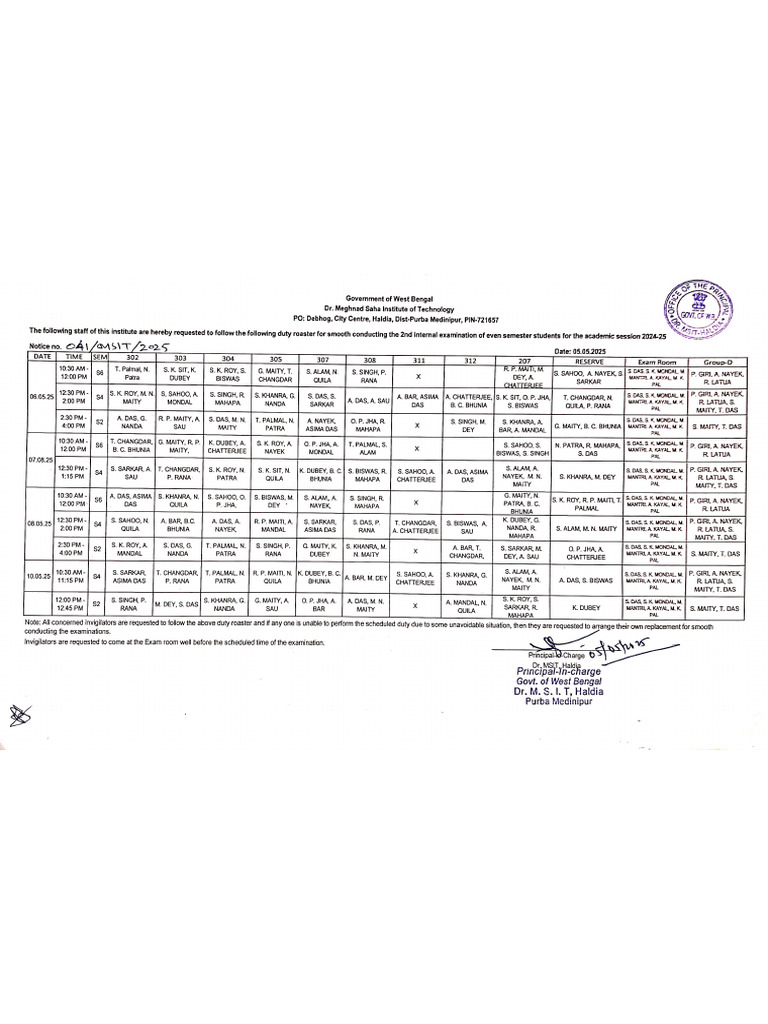 Duty Roster - 2nd Internal Examination (May 2025) | PDF