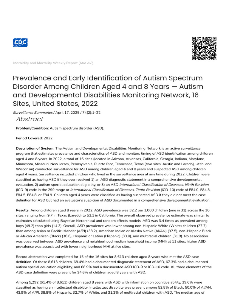 Autism Prevalence in U.S. Children 2022 | PDF | Autism | Intellectual ...