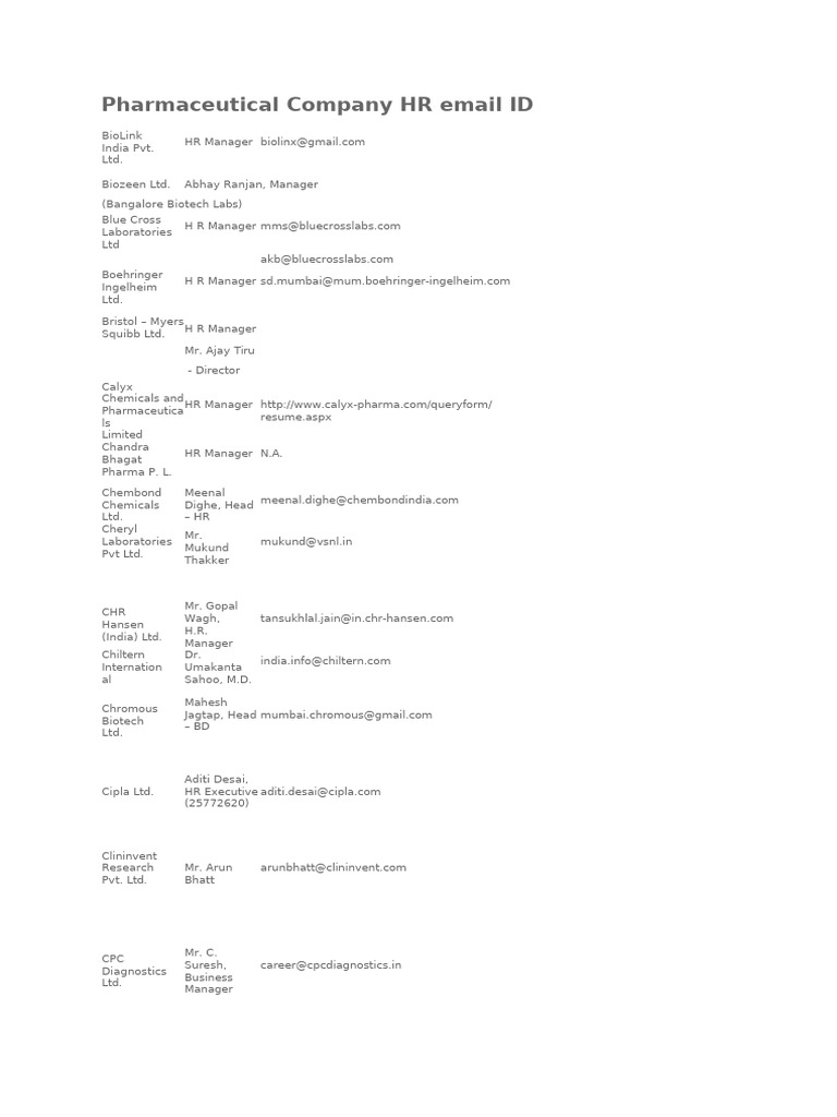 Pharma Company HR Email Directory | PDF | Pharmaceutical Industry ...