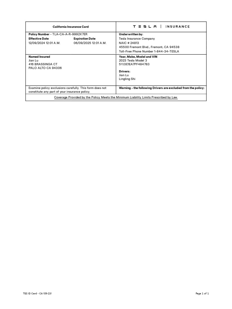 Tesla Insurance Card Details | PDF