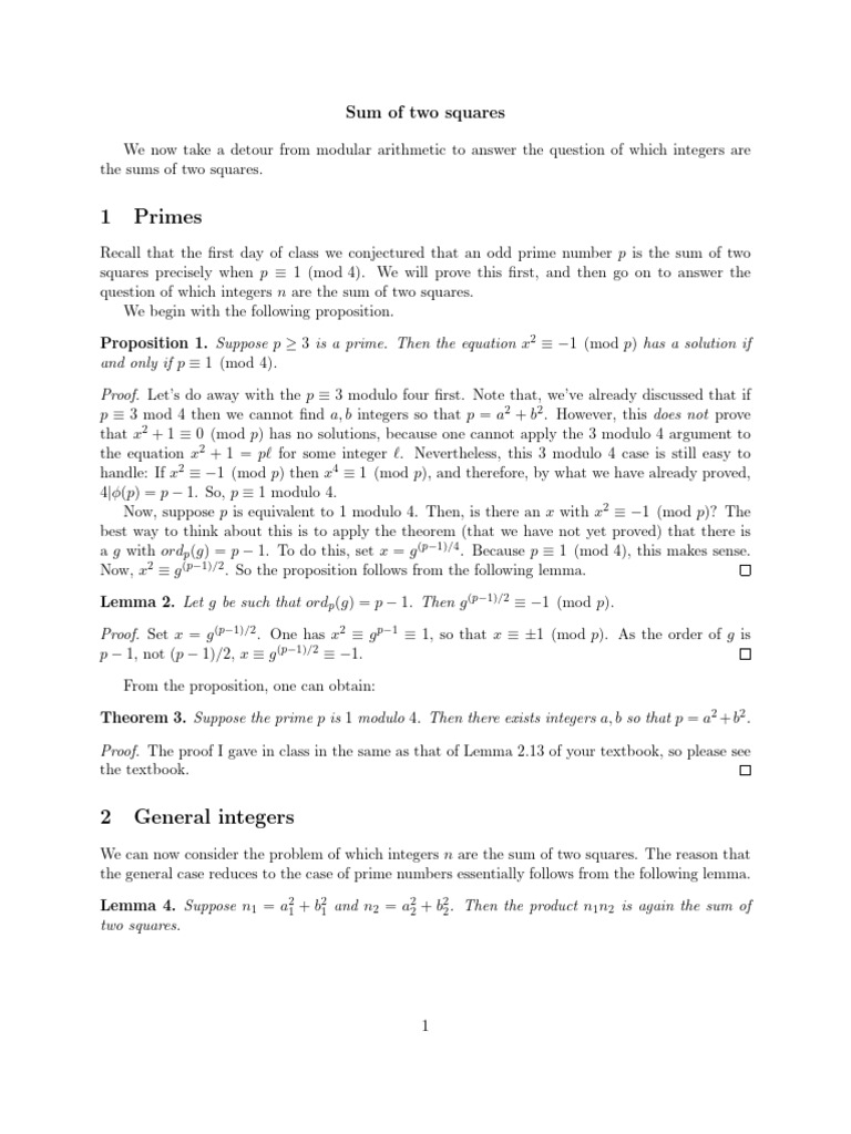 4 305S Course Notes Two Squares | PDF | Theorem | Prime Number