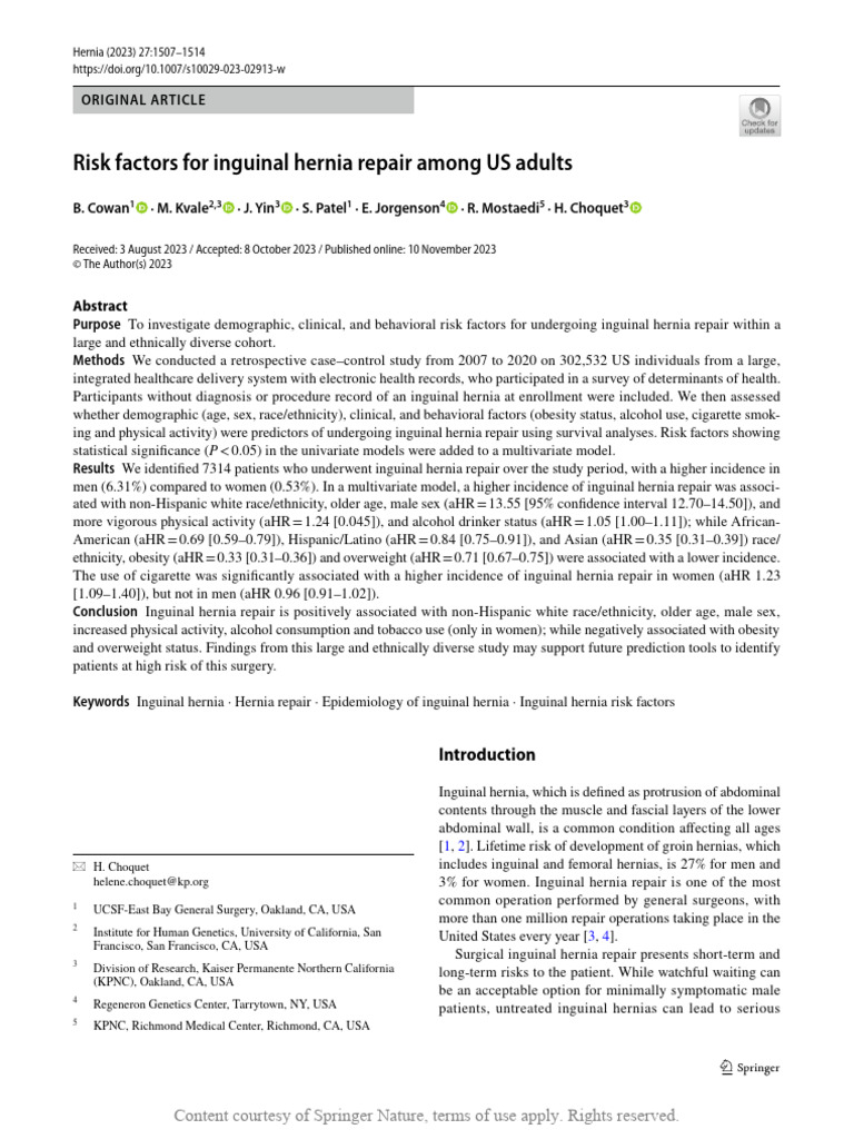 Risk Factors For Inguinal Hernia Repair Among US A | PDF | Medical ...