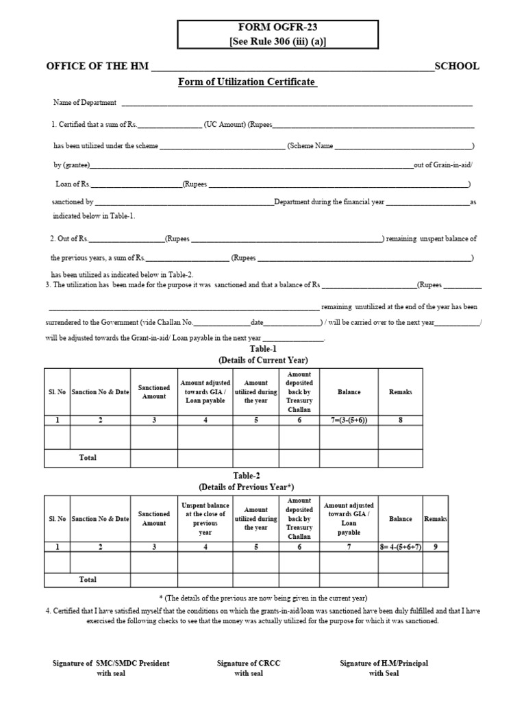 Utilization Certificate Form OGFR-23 | PDF