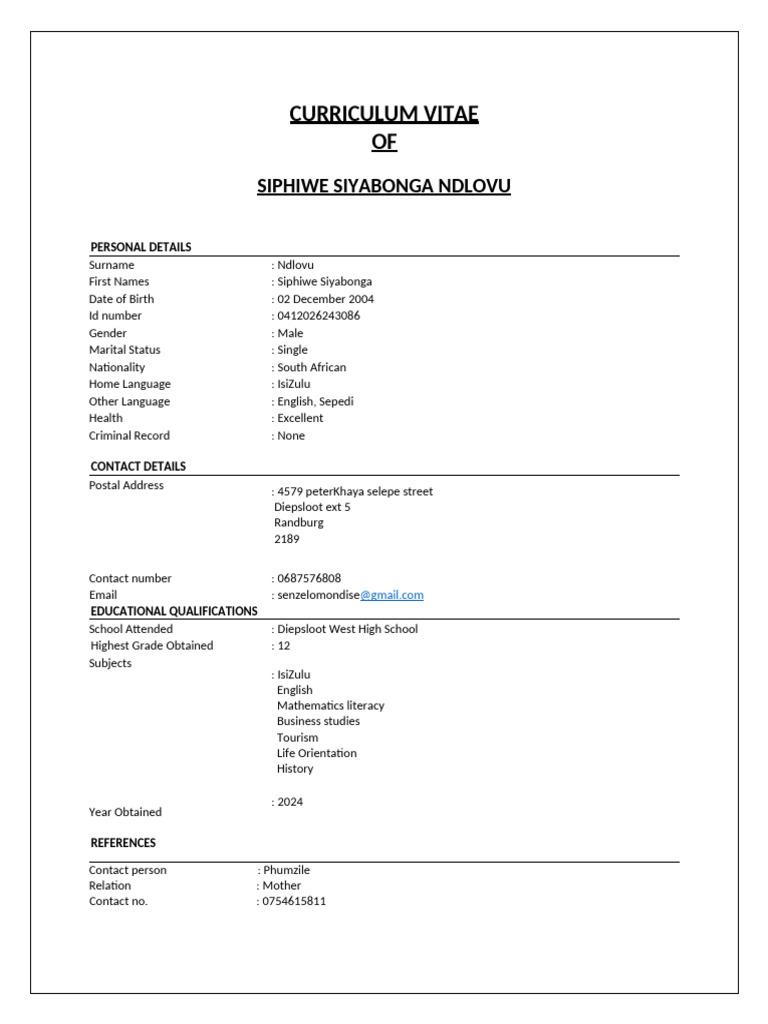 Siphiwe Ndlovu CV and Qualifications | PDF