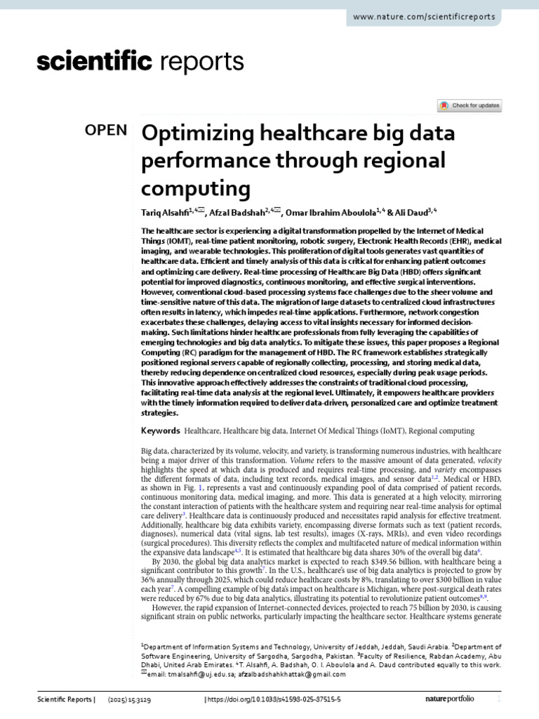 Optimizing Healthcare Big Data Performance Through Regional Computing ...