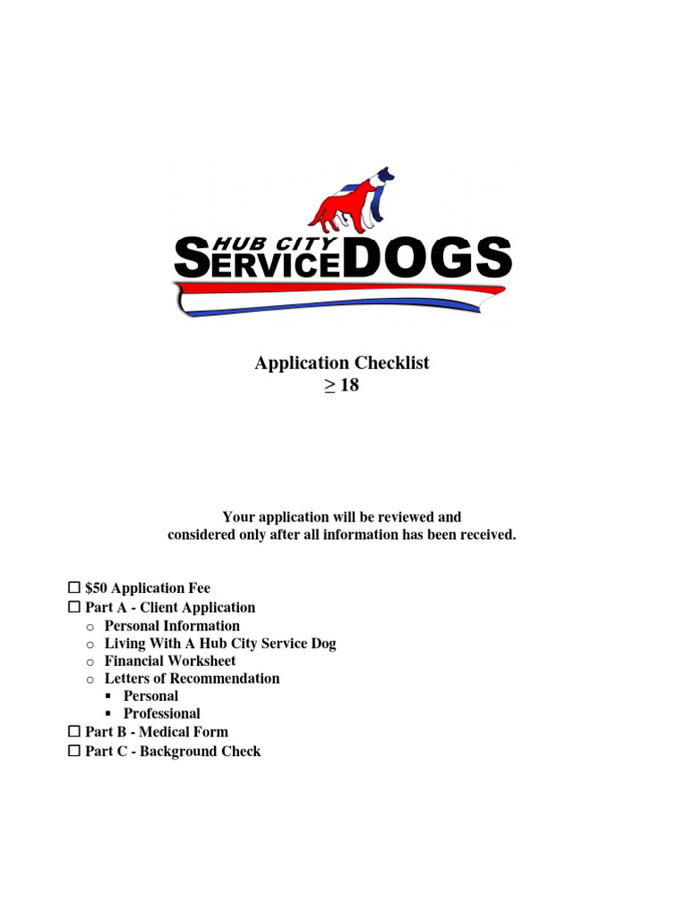 Hub City Service Dog Application Checklist | PDF | Dogs | Disability