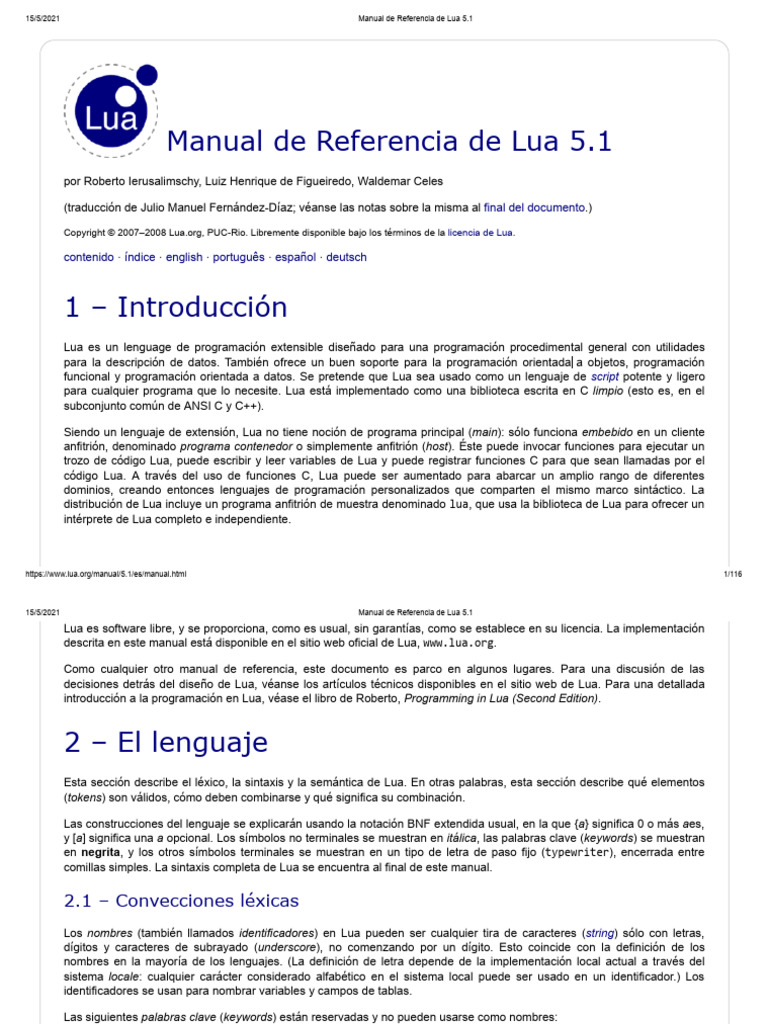 Manual de Referencia de Lua 5.1 | PDF | Lenguaje de programación ...