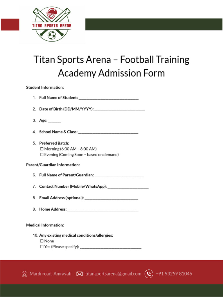 Admission Form TSA Football Academy | PDF
