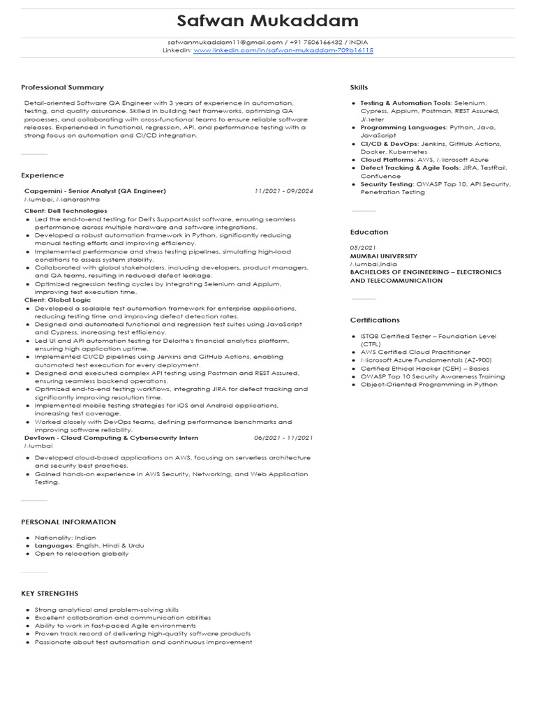 Software QA Engineer Profile Summary | PDF | Cloud Computing | Selenium ...