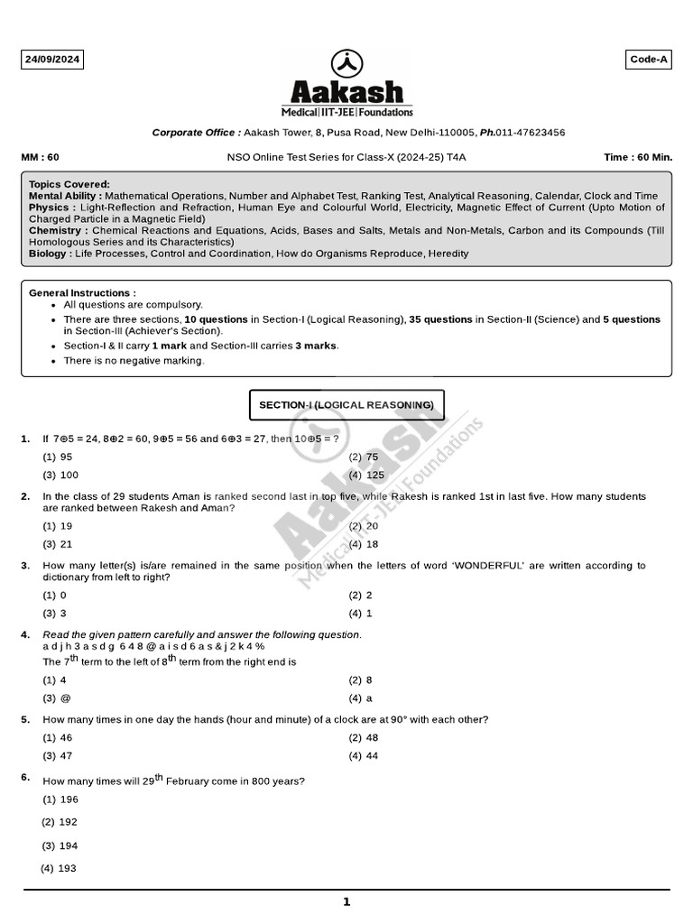 Test Series (L-I) NSO T-4A - Class 10 (24-09-2024) | PDF