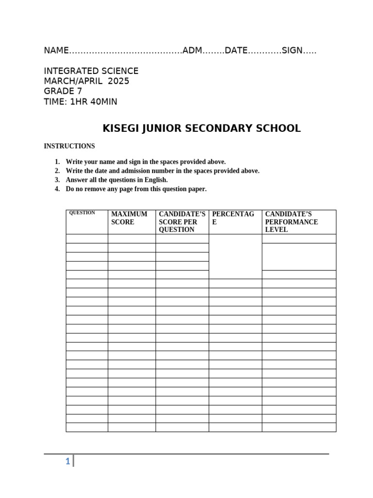 Grade 7 Integrated Science Exam 2025 | PDF | Physical Sciences ...