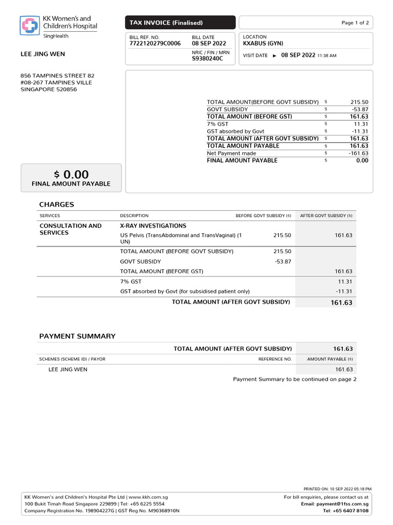 KKH Invoice for Lee Jing Wen | PDF | Taxation | Services (Economics)
