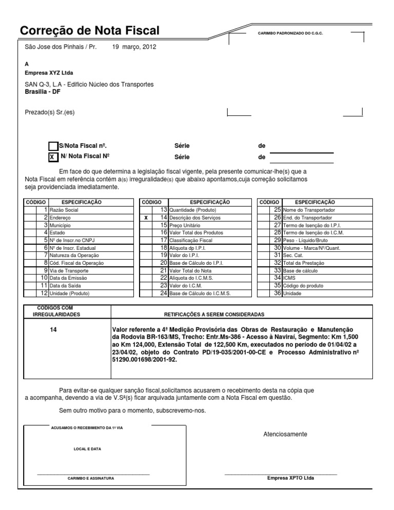Carta de Correção Nota Fiscal  PDF