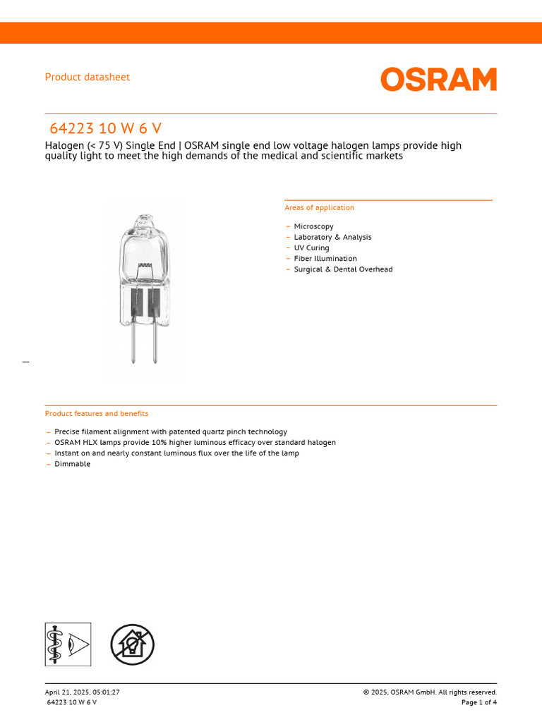 OSRAM 64223 Halogen Lamp Overview | PDF
