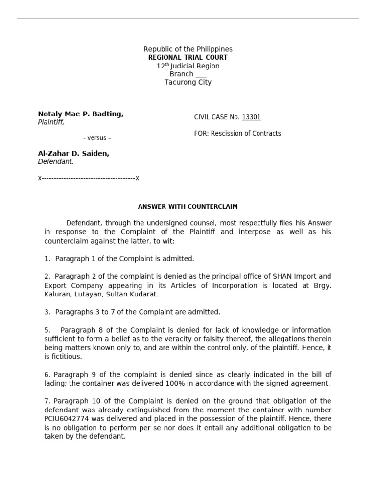 Answer To Action For Rescission of Contracts | PDF | Lawsuit | Common Law