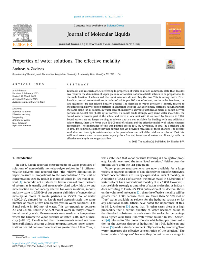 Properties of Water Solutions. The Effective Molality | PDF | Water ...