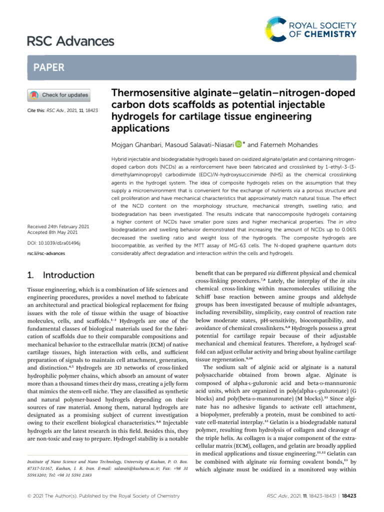 Injectable Hydrogels for Cartilage Repair | PDF | Gel | Tissue Engineering