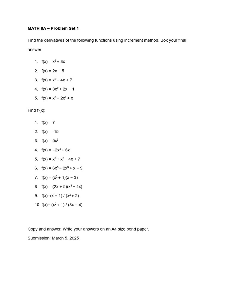 Derivative Problems for MATH 8A | PDF
