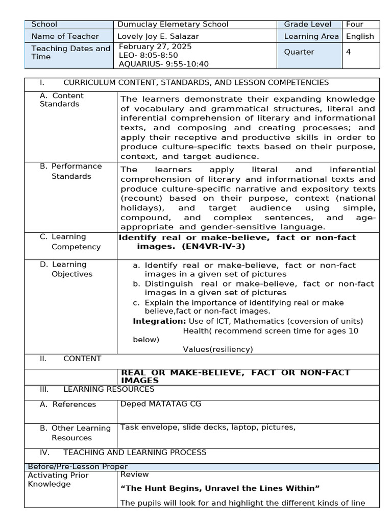 Demo Plan English Fact or Non Fact Image | PDF | Learning | Image