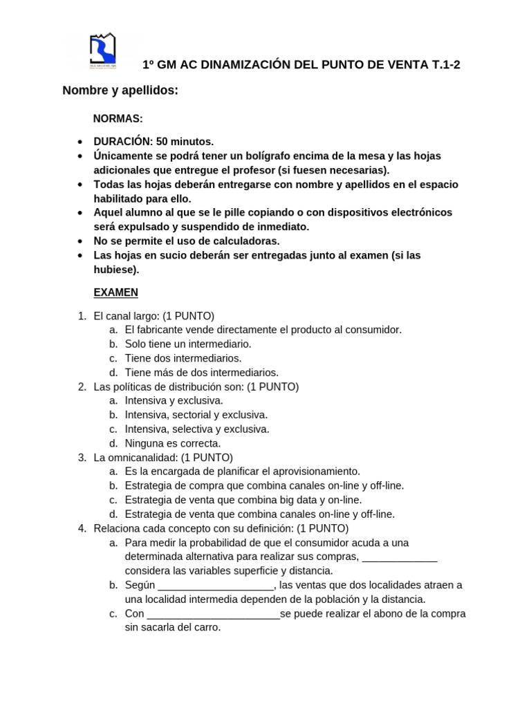 Examen de Dinamización del Punto de Venta | PDF